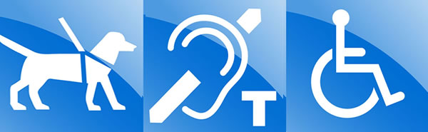 Trois symboles d'accessibilité sont affichés sur fond bleu et sont destinés à être utilisés pour indiquer la disponibilité des fonctionnalités d'accessibilité.